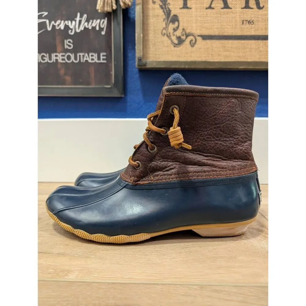 Sperry Duck Boots Women’s 9 Brown Leather & Navy Rubber Waterproof Rain Boots EU